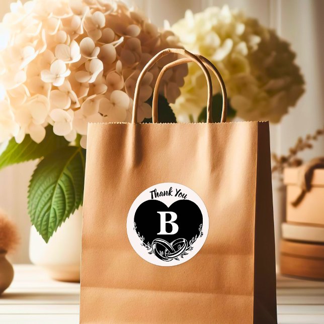 Simple Letter B Heart Foliage Wedding Thank You  Classic Round Sticker (Simple Letter B Heart Foliage Wedding Thank You Classic Round Sticker)