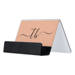 Simple Letter Initial Monogram | Peach and black  Desk Business Card Holder