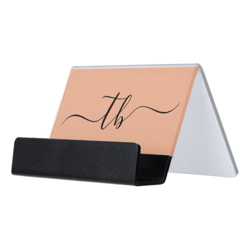 Simple Letter Initial Monogram  Peach and black  Desk Business Card Holder