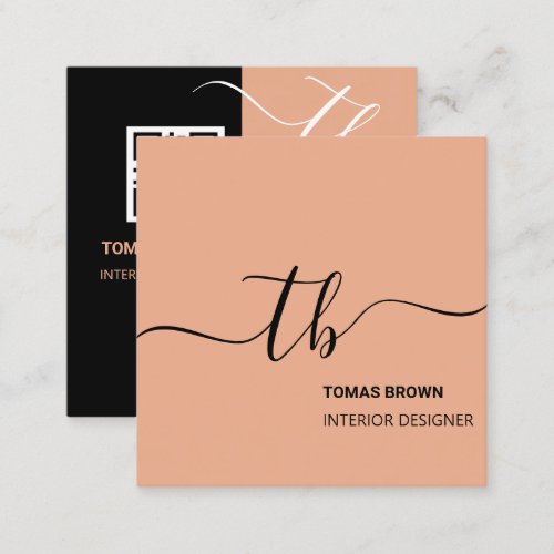 Simple Letter Initial Monogram  Peach and black  Square Business Card