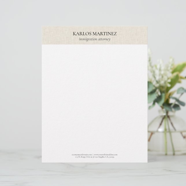 Simple Light Beige Linen Black Typography Letterhead (Standing Front)