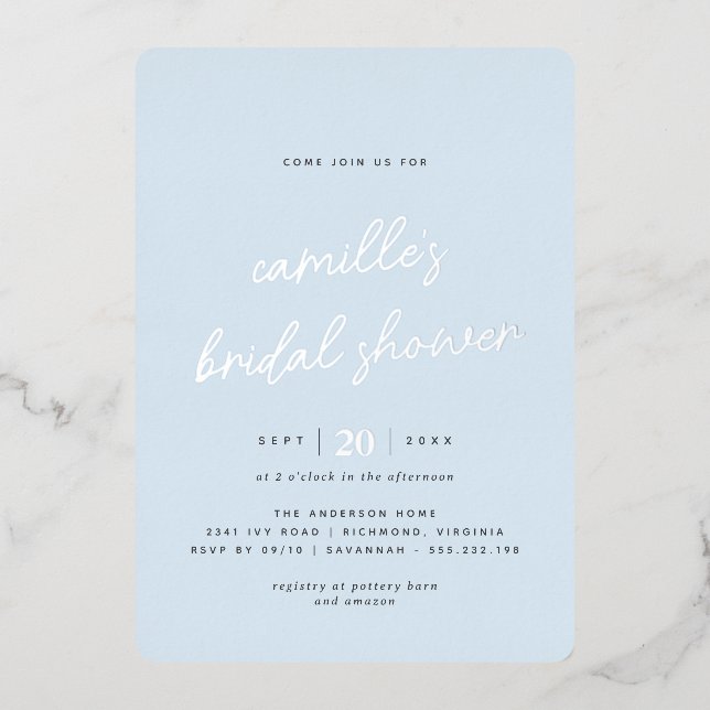  Simple Light Blue and Silver Casual Bridal Shower Foil Invitation (Front)