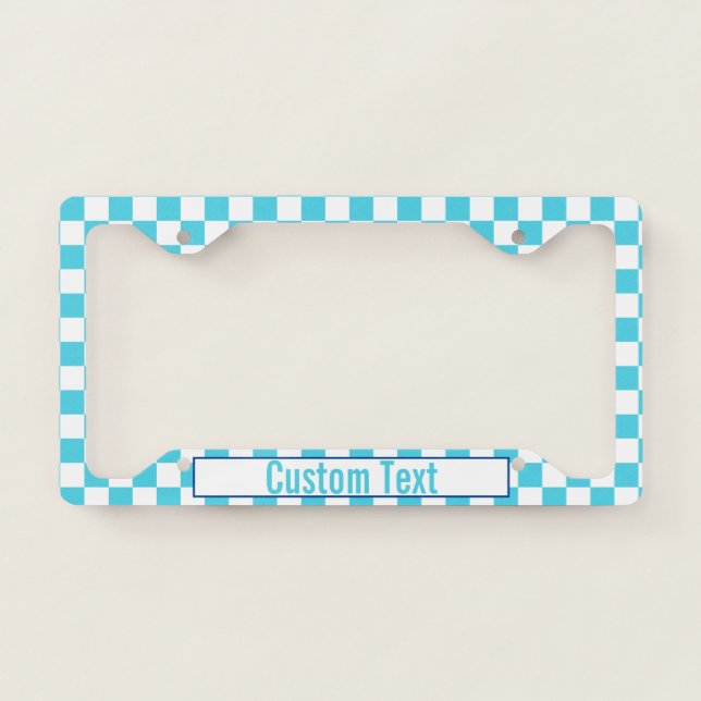 Simple Light Blue and White Checkerboard & Text License Plate Frame (Front)
