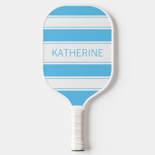 Simple Light Blue and White Striped Custom Name Pickleball Paddle