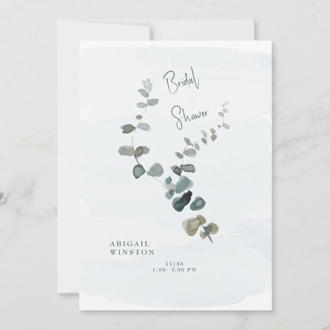 Simple Light Blue Eucalyptus Bridal Shower  Invitation (Front)