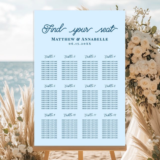 Simple Light Blue Wedding Seating Chart Foam Board (light blue seating chart, nautical wedding seating, script reception seating, coastal wedding decor)