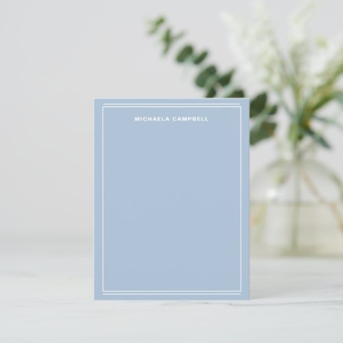 Simple Light Blue White Monogram Name Border Line Note Card