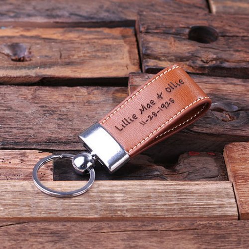 Simple Light Brown Leather  Steel Loop Keychain