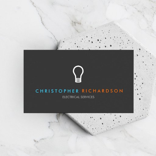 Customizable ELECTRICIAN LOGO WITH BLUE &amp; ORANGE TEXT BUSINESS CARD TEMPLATES