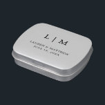 Simple Light Gray Monogram Elegant Wedding Candy Tin<br><div class="desc">Simple wedding mint candy tin featuring a modern yet elegant design with your two letter monogram along with your names and date in black over a silver gray background. The font and background colors may be changed to any colors you wish by clicking the "customize" button. These chic and stylish...</div>