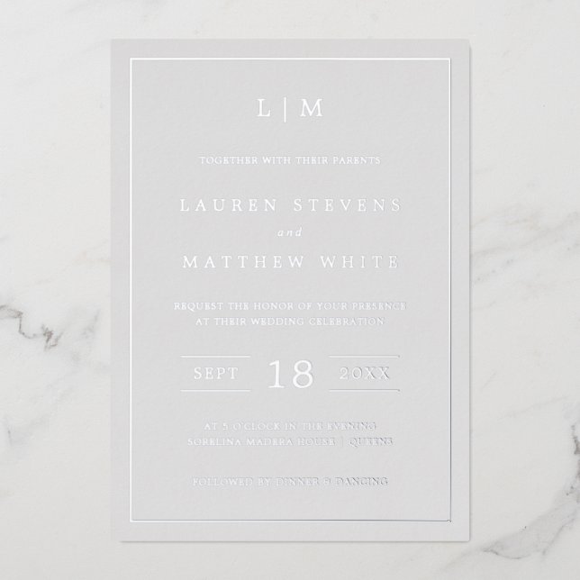 Simple Light Gray Monogram Elegant Wedding Foil Invitation (Front)