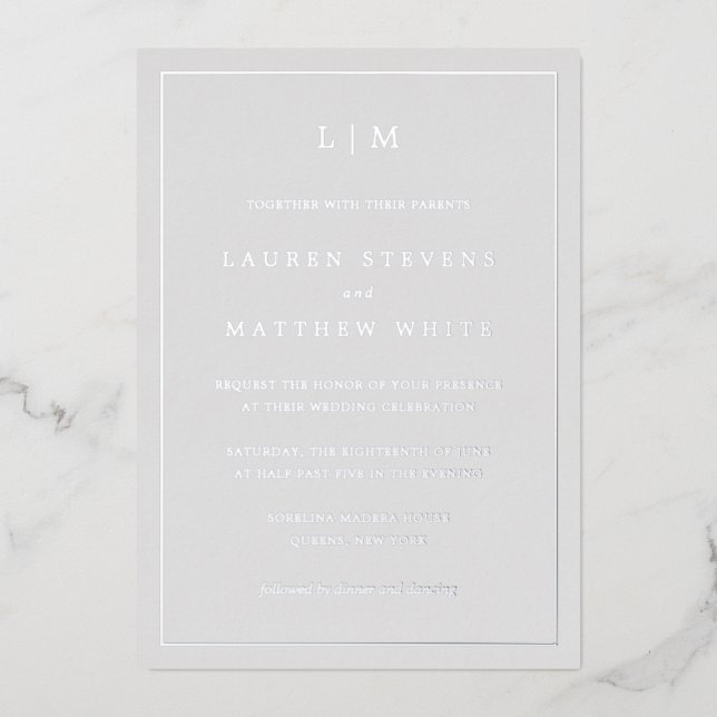 Simple Light Gray Monogram Elegant Wedding Foil Invitation (Front)
