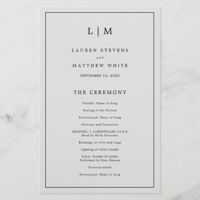 Simple Light Gray Monogram Elegant Wedding Program (Front)