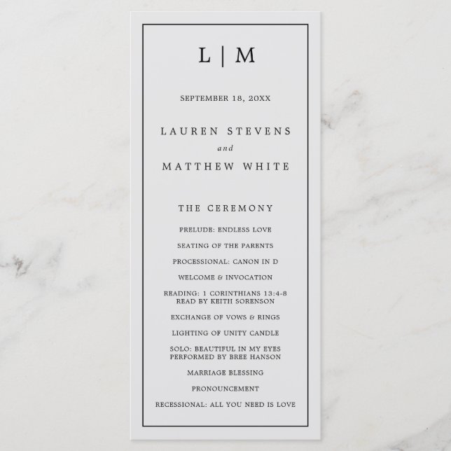 Simple Light Gray Monogram Elegant Wedding Program (Front)