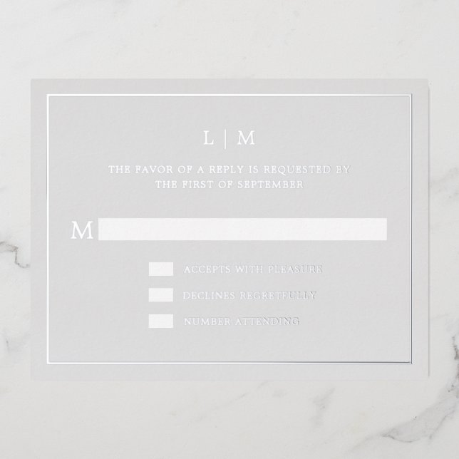 Simple Light Gray Monogram Elegant Wedding RSVP Foil Invitation Postcard (Front)