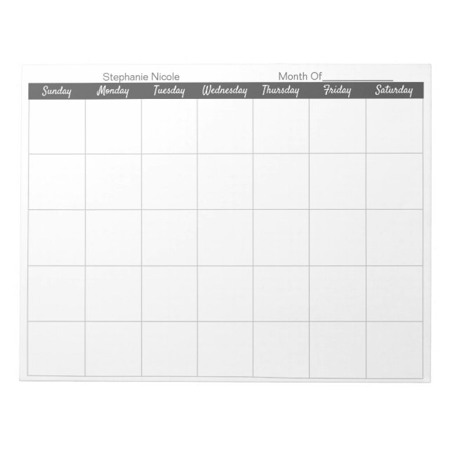 Simple Light Gray Thin Border Name Monthly Planner Notepad (Front)