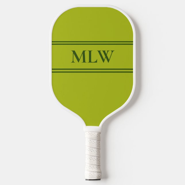 Simple Light Green and Dark Green Monogrammed  Pickleball Paddle (Front)