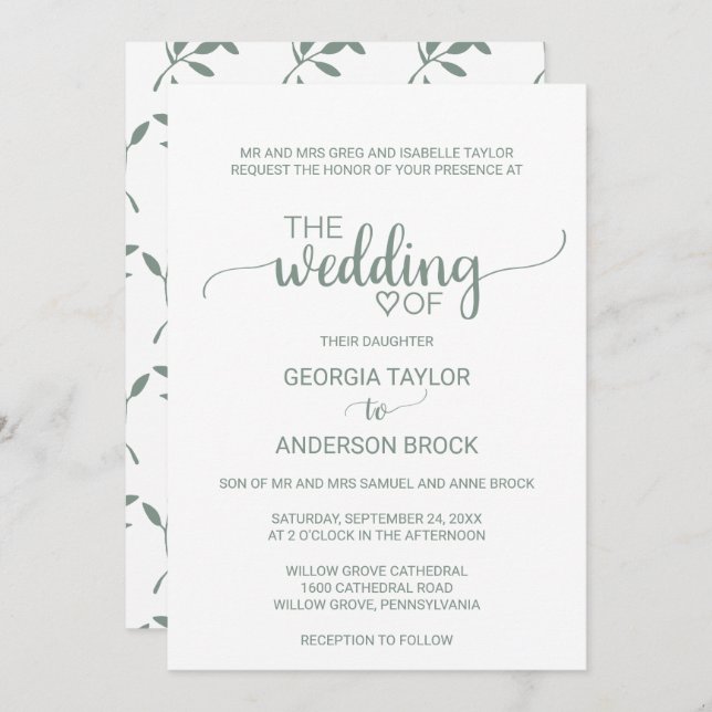 Simple Light Green Calligraphy Formal Wedding Invitation (Front/Back)