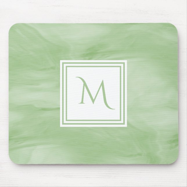 Simple Light Green Subtle Marble Modern Monogram Mouse Pad (Front)