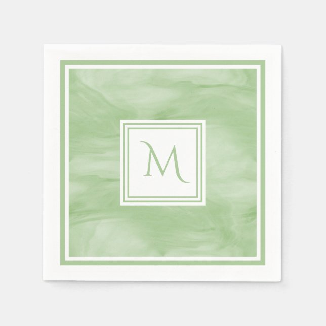 Simple Light Green Subtle Marble Modern Monogram Paper Napkins (Front)