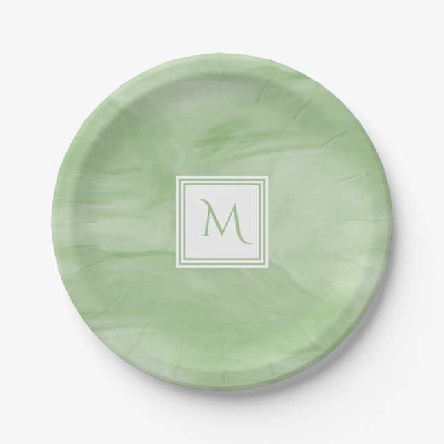 Simple Light Green Subtle Marble Modern Monogram Paper Plates (Front)