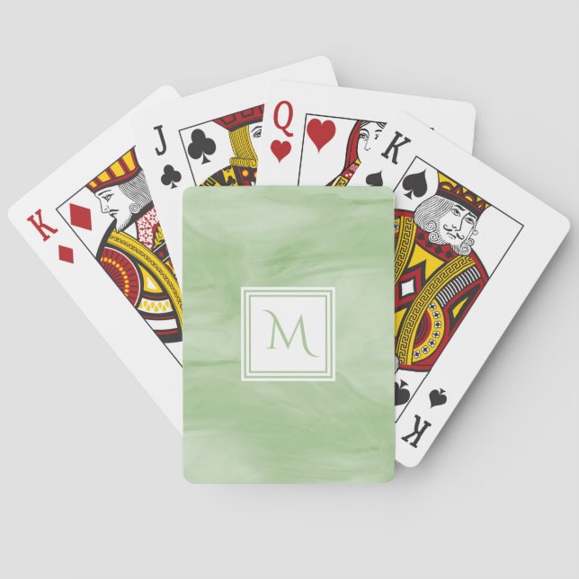 Simple Light Green Subtle Marble Modern Monogram Poker Cards (Back)