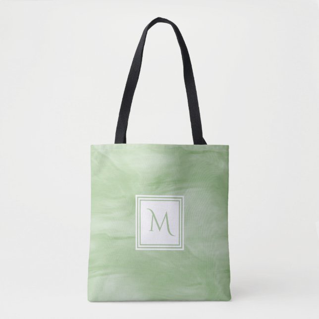 Simple Light Green Subtle Marble Modern Monogram Tote Bag (Front)