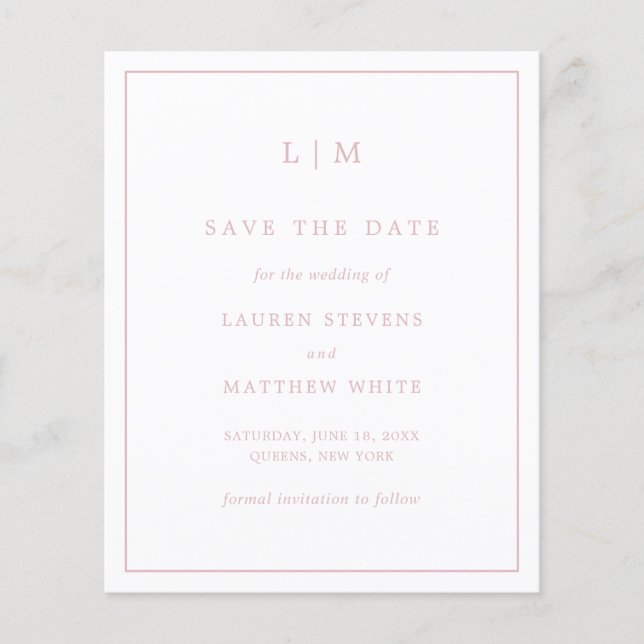 Simple Light Pink Budget Wedding Save the Date (Front)