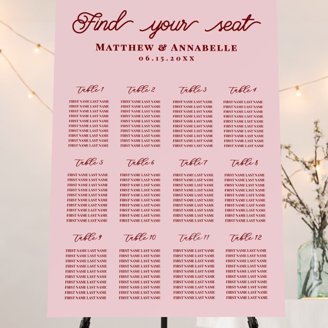 Simple Light Pink Burgundy Wedding Seating Chart Foam Board (pink & red seating chart, fall wedding seating, minimalist seating sign, script wedding seating)