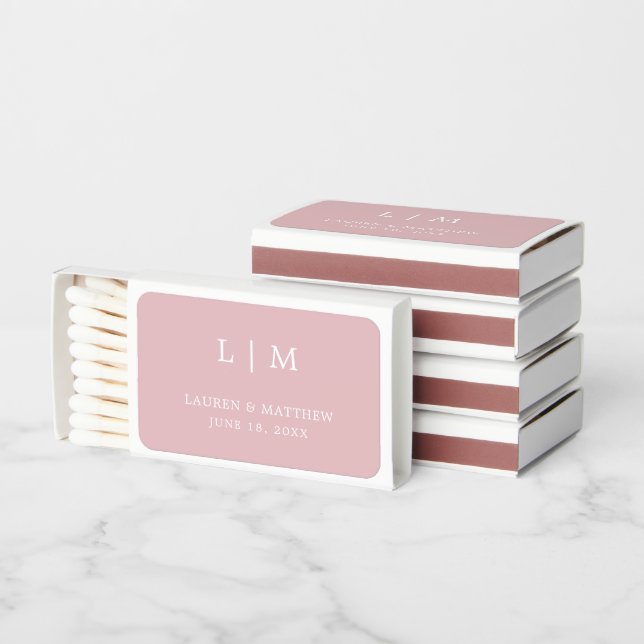 Simple Light Pink Monogram Elegant Wedding Matchboxes (Stacked)
