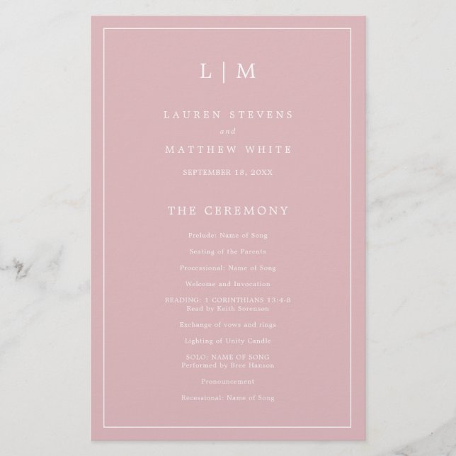 Simple Light Pink Monogram Elegant Wedding Program (Front)