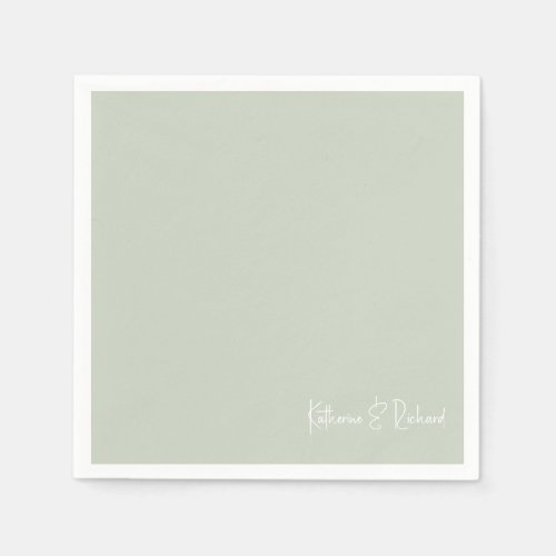 Simple Light Sage White Text Wedding Cocktail  Napkins