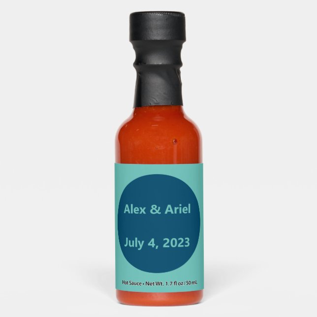 Simple Light Teal & Ocean Blue Wedding Hot Sauces (Front)