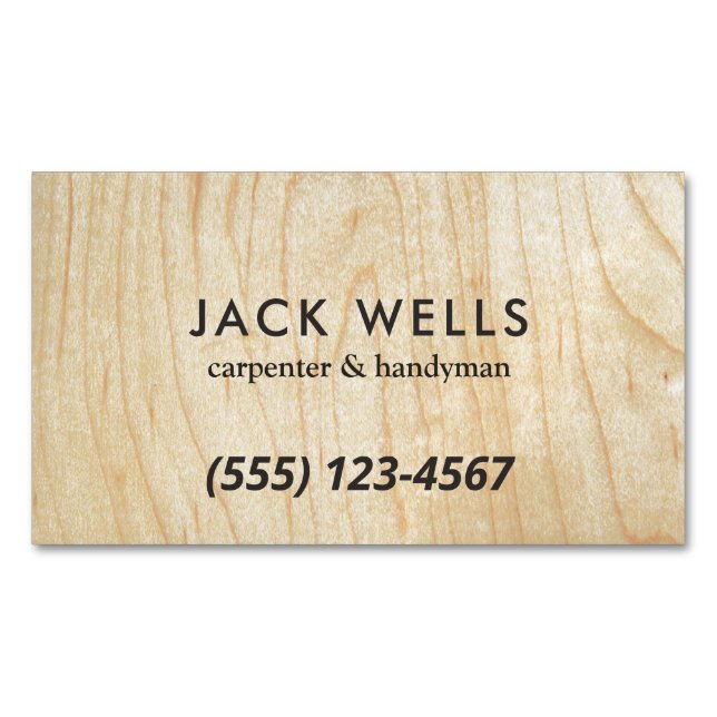 Simple Light Wood Grain Carpenter and Handyman Bus Business Card Magnet (Front)