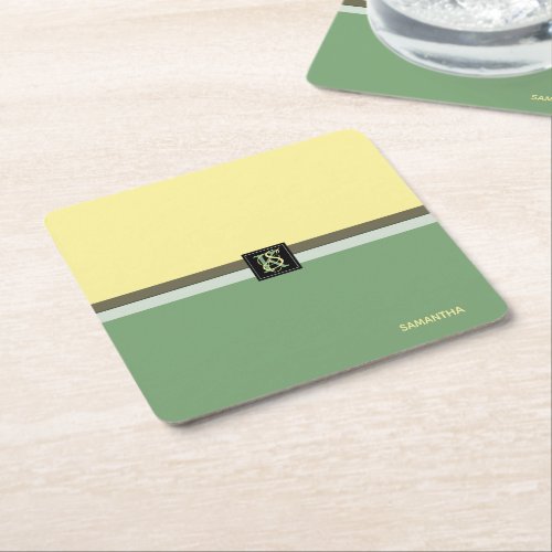 Simple Light Yellow and Asparagus Green Two Tone Square Paper Coaster