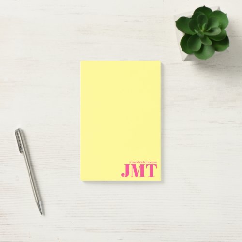 Simple Light Yellow and Bright Pink Name Monogram Post_it Notes