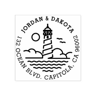 Simple Lighthouse Round Wedding Return Address Rubber Stamp