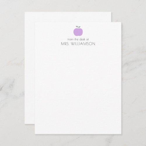Simple Lilac Cute Apple Personalized Teacher  Note Card