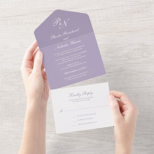 Simple Lilac Monogram Elegant Dusty Purple Wedding All In One Invitation