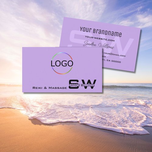 Simple Lilac with Monogram and Logo Light Purple Business Card