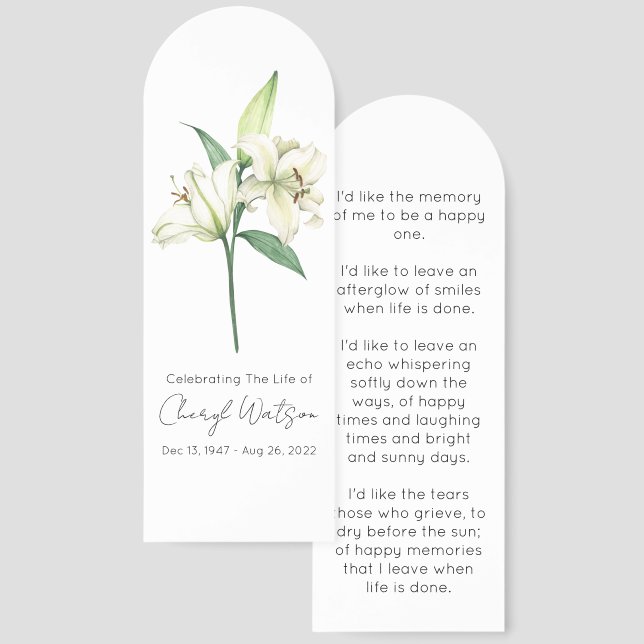 Simple Lily Funeral Memorial Bookmark (Front & Back)