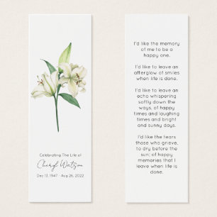Simple Lily Funeral Memorial Bookmark