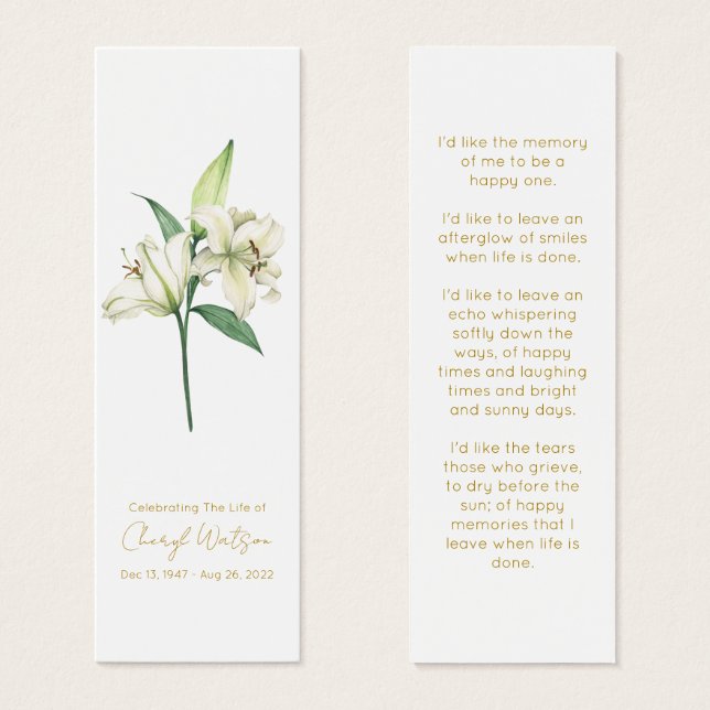 Simple Lily Funeral Memorial Bookmark (Front & Back)