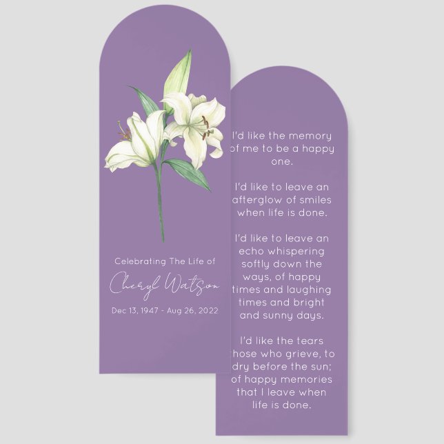 Simple Lily Funeral Memorial Bookmark (Front & Back)