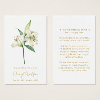 Simple Lily Funeral Memorial Prayer Card