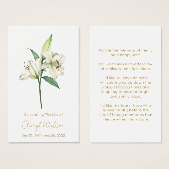 Simple Lily Funeral Memorial Prayer Card (Front & Back)