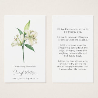 Simple Lily Funeral Memorial Prayer Card