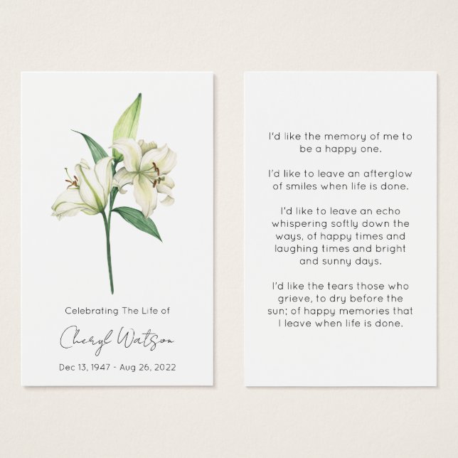 Simple Lily Funeral Memorial Prayer Card (Front & Back)