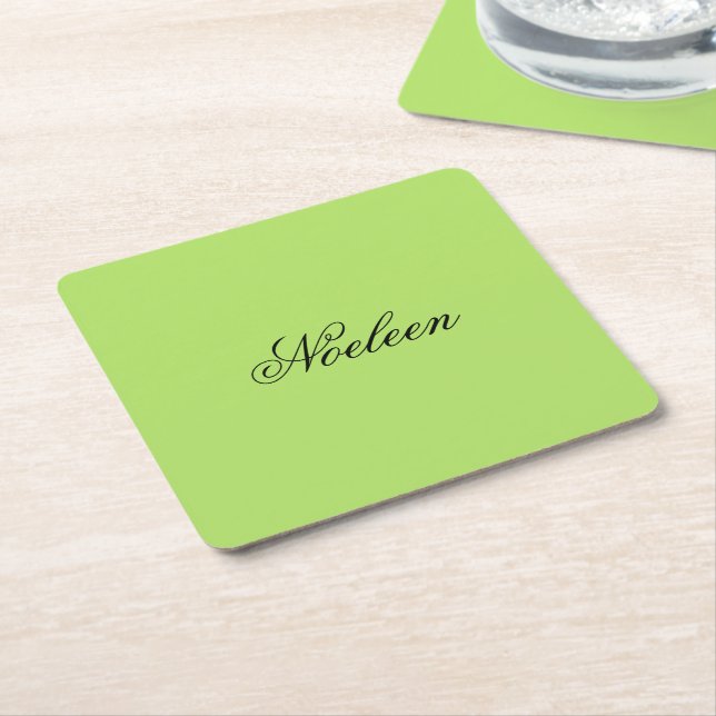 Simple lime color custom name square paper coaster (Angled)