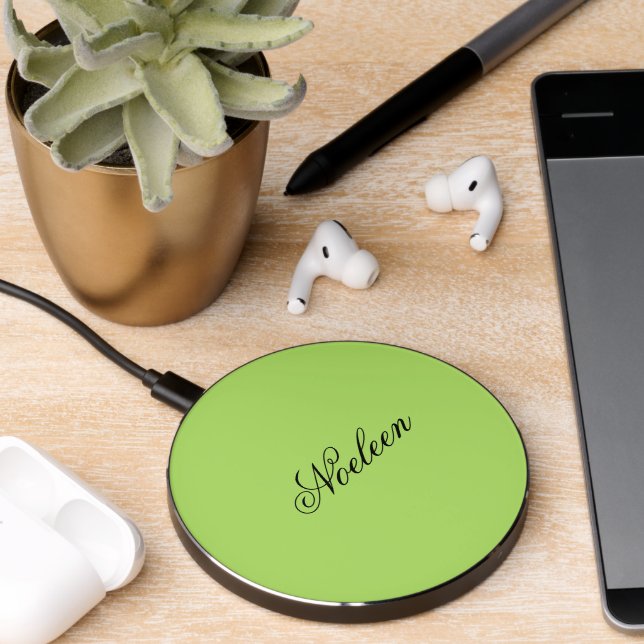 Simple lime color custom name wireless charger  (Desk 2)